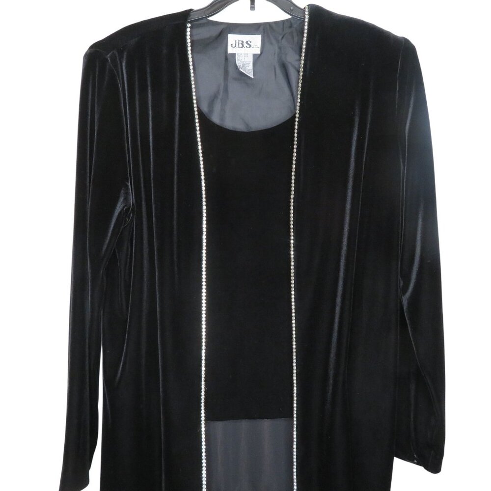 J.B.S. Ltd. Womens L Black Velvet Long Jacket Attached Tank Crystal Diamond Trim